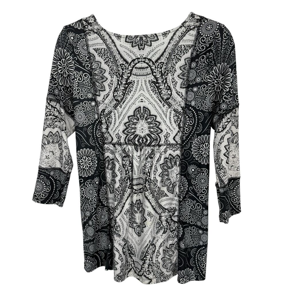 One World Tunic Smal Sequined Black Floral 3/4 Sleeve Scoopneck Stretch - Picture 3 of 7